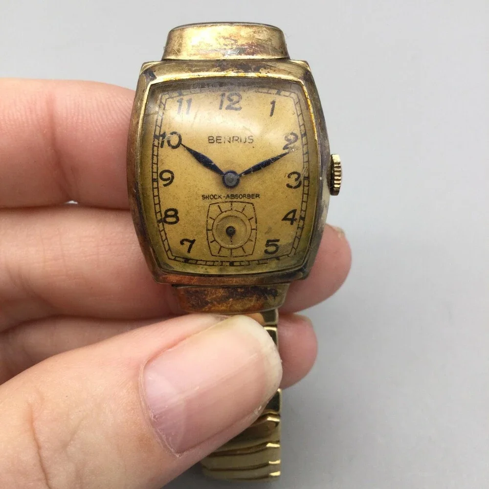 Vintage Benrus Mens Watch 25mm Gold Tonneau Dial Manual Wind Shock Absorber